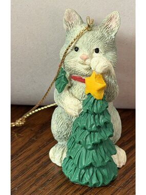 Vintage Cat Kitten Christmas Ornament Figurine Holiday Tree Gray Kitty Star